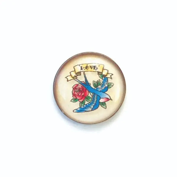 BW2031A26 Acrylic French Tattoo Love Rose and Blue Bird Round Shank - 26MM