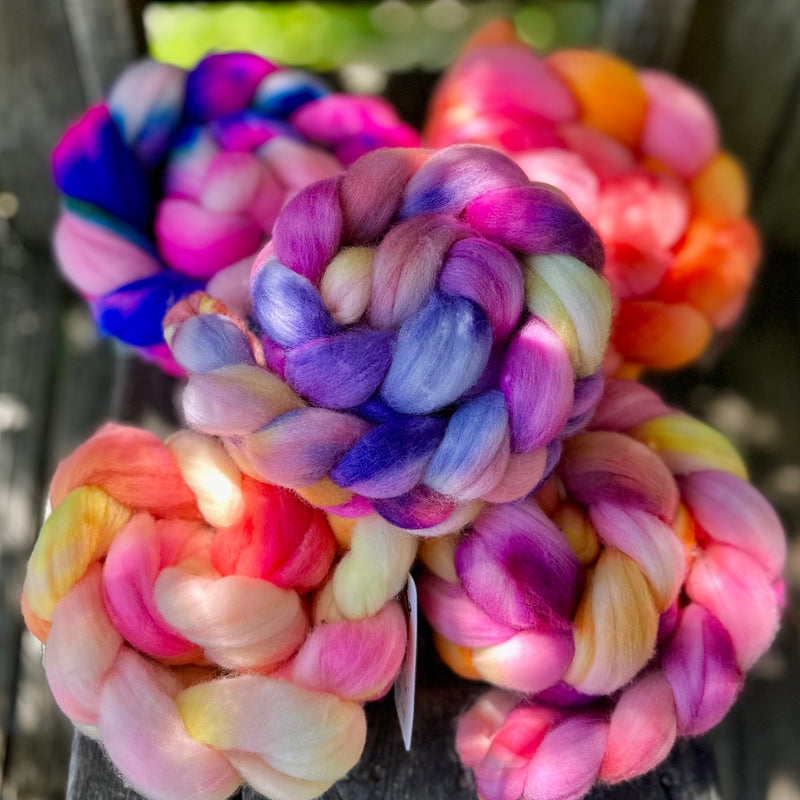 The Wheel and The Anvil - 4oz Merino Wool Braids Hand Dyed in Maine