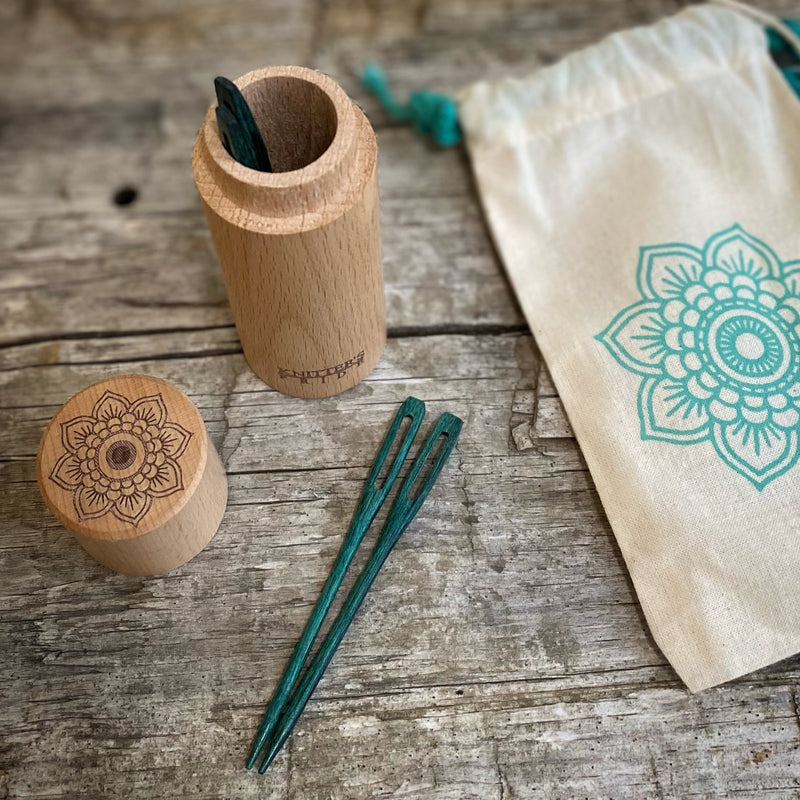 Mindful Teal Wooden Darning Needles in a Beech Wood Container by KnitPro